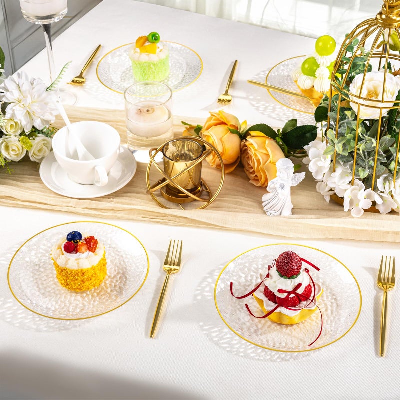 DaYammi 240Pcs Gold Plastic Plates Including 120Pcs Dessert Plates and 120Pcs Cake Forks,Hammered Party Plate,Clear Gold Appetizer plates Heavy duty Disposable Plastic Plate for Party Wedding Birthday - Image 3