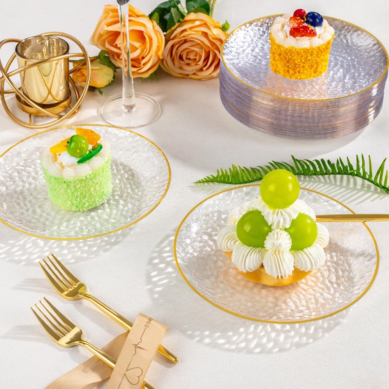 DaYammi 240Pcs Gold Plastic Plates Including 120Pcs Dessert Plates and 120Pcs Cake Forks,Hammered Party Plate,Clear Gold Appetizer plates Heavy duty Disposable Plastic Plate for Party Wedding Birthday - Image 5