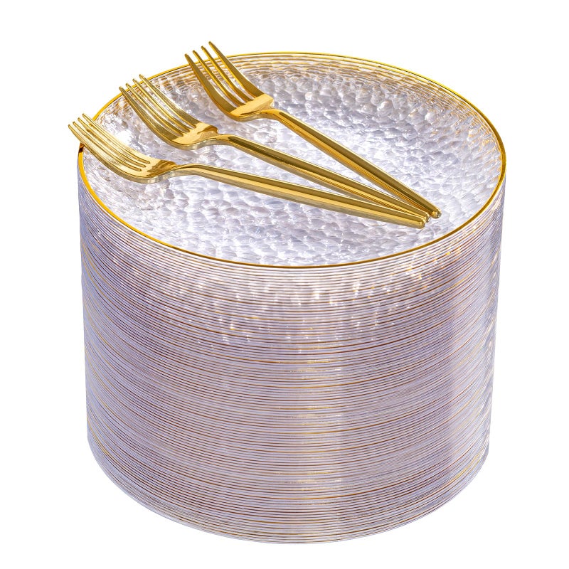 DaYammi 240Pcs Gold Plastic Plates Including 120Pcs Dessert Plates and 120Pcs Cake Forks,Hammered Party Plate,Clear Gold Appetizer plates Heavy duty Disposable Plastic Plate for Party Wedding Birthday - Image 1