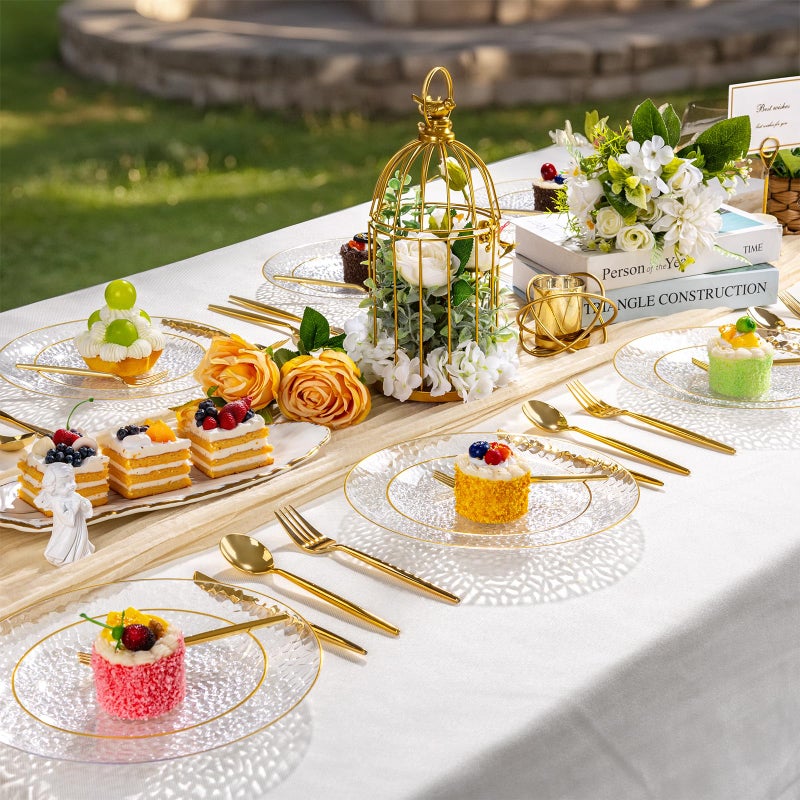 DaYammi 240Pcs Gold Plastic Plates Including 120Pcs Dessert Plates and 120Pcs Cake Forks,Hammered Party Plate,Clear Gold Appetizer plates Heavy duty Disposable Plastic Plate for Party Wedding Birthday - Image 4