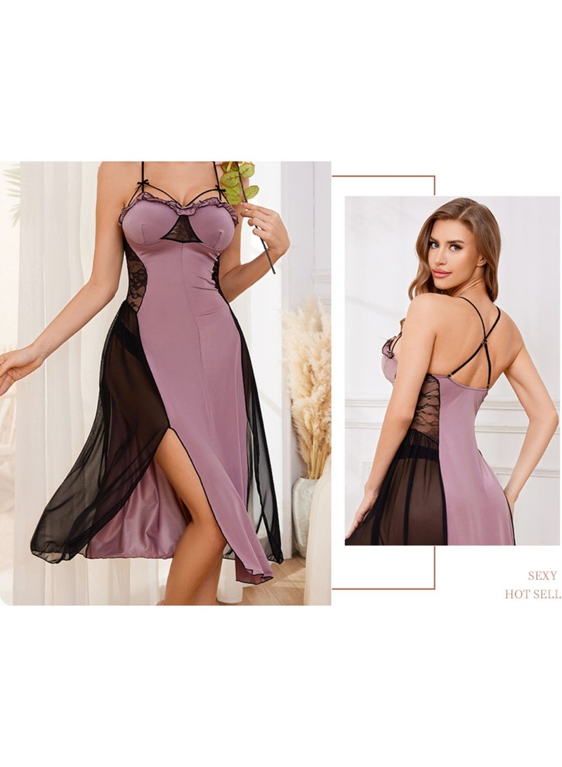 Women's  Velvet Nightdress, Lace Trim Cross-Back Slit Chemise, Elegant Sexy Lingerie Slip Dress for Bedroom & Loungewear - Image 1