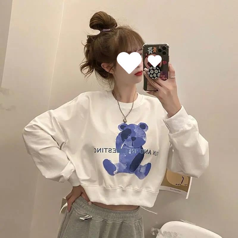 Short Top Small Loose Lazy Style Design Sense fleece-lined Sweat Womens Trendy Ins Student Long Sleeve Womens Korean Style White bear plus velvet