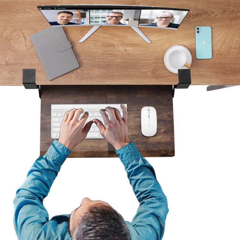 ETHU Keyboard Tray Under Desk, 19.7" X 12.2" Small Size C Clamp Keyboard Drawer Under Desk, Computer Keyboard Stand Slide Pull Out, Ergonomic Keyboard Tray for Home, Office (Wood) - Image 4