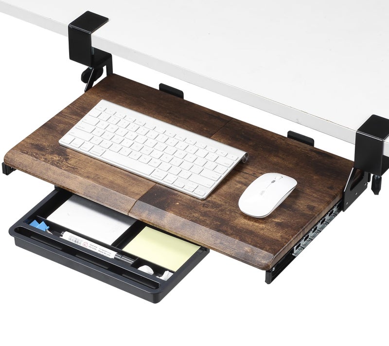 ETHU Keyboard Tray Under Desk, 19.7" X 12.2" Small Size C Clamp Keyboard Drawer Under Desk, Computer Keyboard Stand Slide Pull Out, Ergonomic Keyboard Tray for Home, Office (Wood) - Image 1