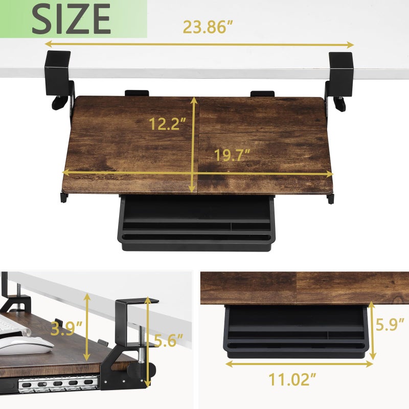 ETHU Keyboard Tray Under Desk, 19.7" X 12.2" Small Size C Clamp Keyboard Drawer Under Desk, Computer Keyboard Stand Slide Pull Out, Ergonomic Keyboard Tray for Home, Office (Wood) - Image 5