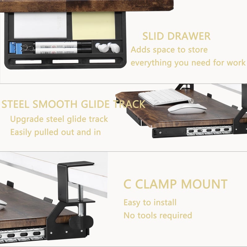 ETHU Keyboard Tray Under Desk, 19.7" X 12.2" Small Size C Clamp Keyboard Drawer Under Desk, Computer Keyboard Stand Slide Pull Out, Ergonomic Keyboard Tray for Home, Office (Wood) - Image 2
