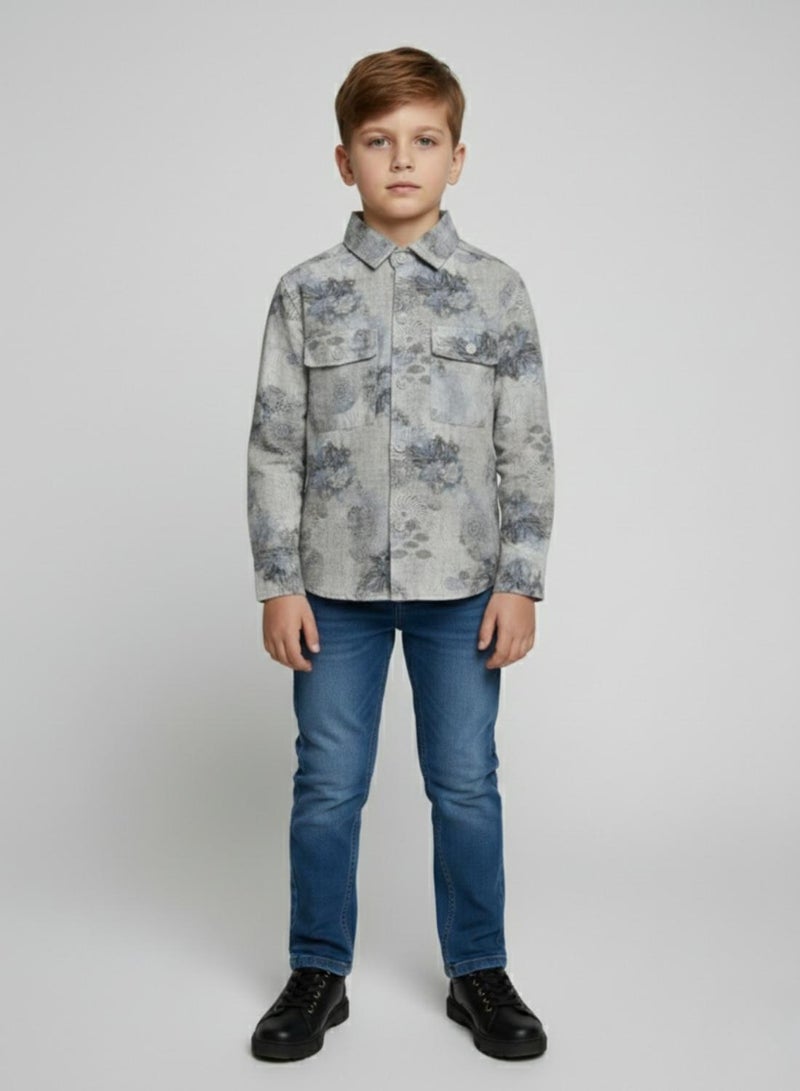 babyqlo Boys Grey Floral Printed Cotton Shirt - Image 4