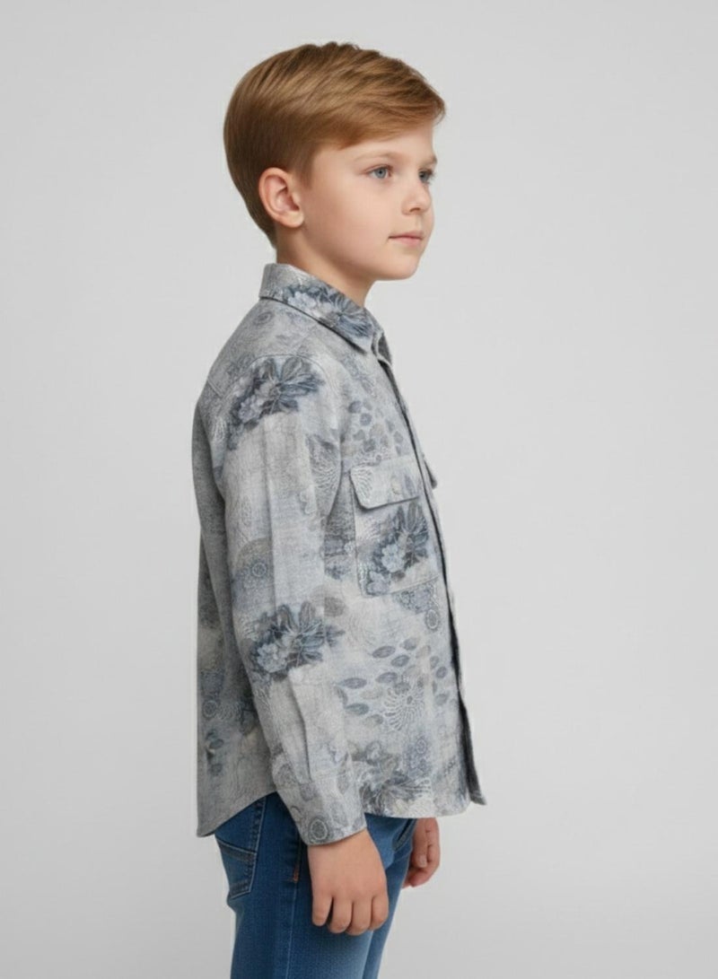 babyqlo Boys Grey Floral Printed Cotton Shirt - Image 3