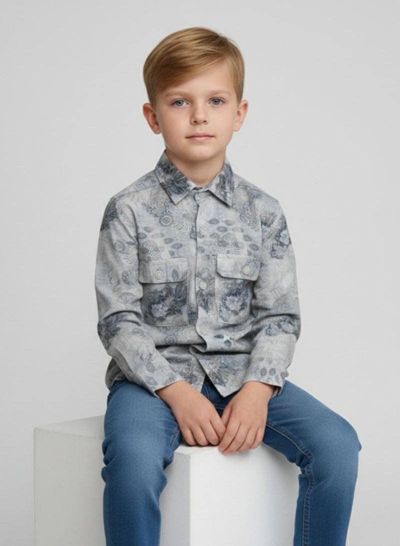 babyqlo Boys Grey Floral Printed Cotton Shirt - Image 5