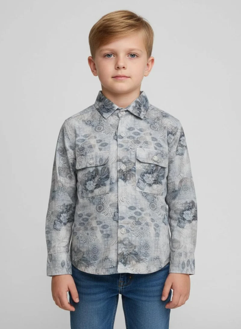 babyqlo Boys Grey Floral Printed Cotton Shirt