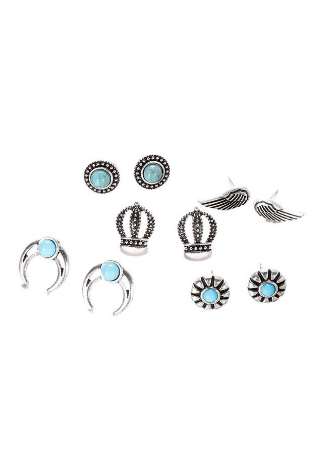 Haloty 5 Pairs Boho Moon Earrings Set Silver Turquoise Ear Stud Feather Crown Earring Jewelry For Women - Image 1