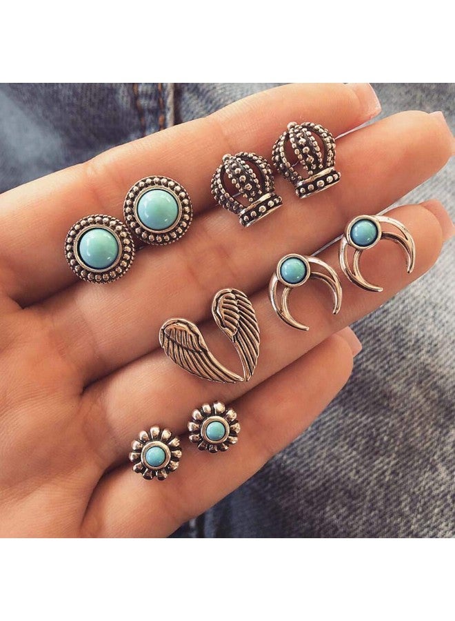Haloty 5 Pairs Boho Moon Earrings Set Silver Turquoise Ear Stud Feather Crown Earring Jewelry For Women - Image 2