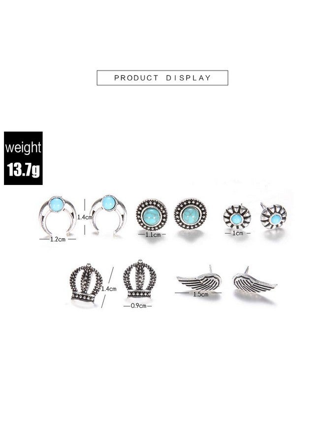 Haloty 5 Pairs Boho Moon Earrings Set Silver Turquoise Ear Stud Feather Crown Earring Jewelry For Women - Image 3