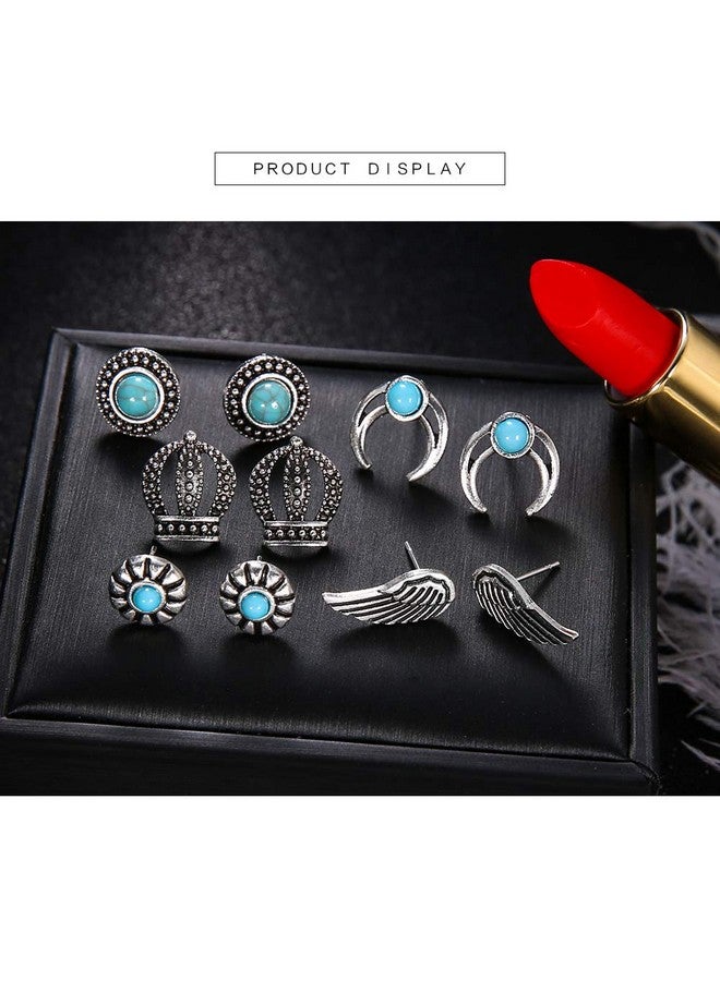 Haloty 5 Pairs Boho Moon Earrings Set Silver Turquoise Ear Stud Feather Crown Earring Jewelry For Women - Image 5