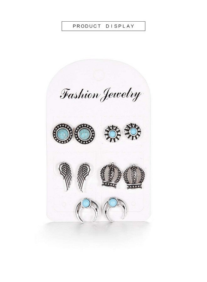 Haloty 5 Pairs Boho Moon Earrings Set Silver Turquoise Ear Stud Feather Crown Earring Jewelry For Women - Image 4