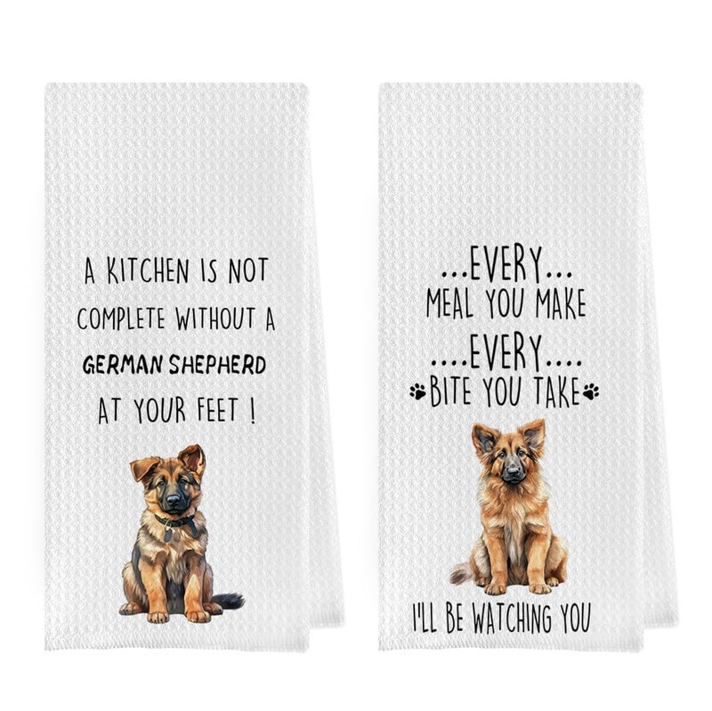 Geqtt German Shepherd Dish Towels Set - Funny German Shepherd Gifts Waffle Weave Kitchen Towels  German Shepherd Decorative Hand Tea Towels for Bathroom Kitchen (16?24 Inches Set of 2) - Image 1