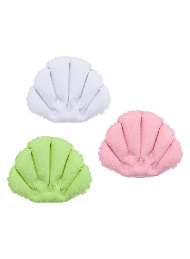 PATIKIL Inflatable Bath Pillow With Suction Cups 3 Pack Terry Cloth Covered Shell Shape Bath Pillow Neck Support For Bathtub Hot Tub (Pink White Green)  - Image 1