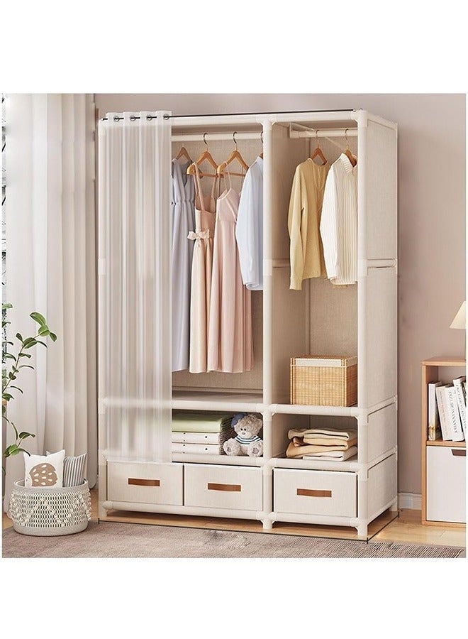 Arabest Portable Wardrobe Storage Cabinet With 3 Drawers, Hanging Wardrobe With Hanging Rod, Clothing Storage Cabinet With Curtains, Suitable For Living Room, Bedroom, Cloakroom, (beige) - Image 2