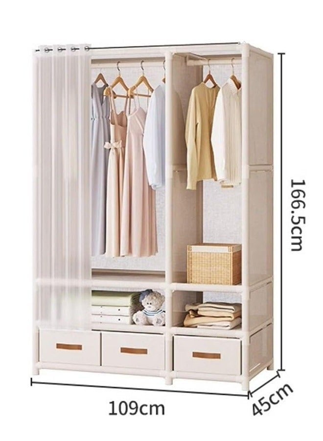 Arabest Portable Wardrobe Storage Cabinet With 3 Drawers, Hanging Wardrobe With Hanging Rod, Clothing Storage Cabinet With Curtains, Suitable For Living Room, Bedroom, Cloakroom, (beige) - Image 5