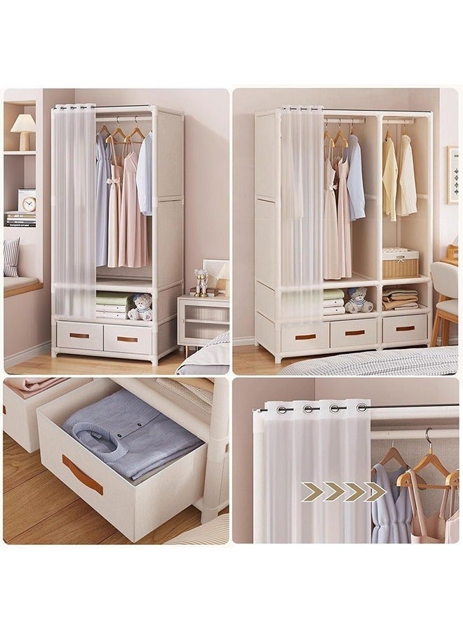 Arabest Portable Wardrobe Storage Cabinet With 3 Drawers, Hanging Wardrobe With Hanging Rod, Clothing Storage Cabinet With Curtains, Suitable For Living Room, Bedroom, Cloakroom, (beige) - Image 3