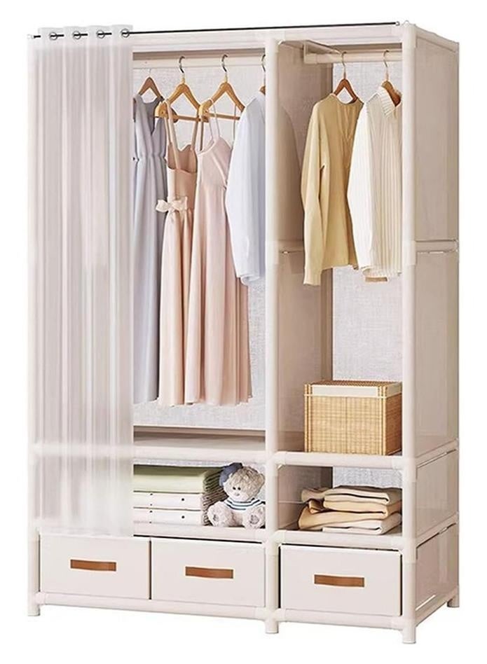 Arabest Portable Wardrobe Storage Cabinet With 3 Drawers, Hanging Wardrobe With Hanging Rod, Clothing Storage Cabinet With Curtains, Suitable For Living Room, Bedroom, Cloakroom, (beige) - Image 1