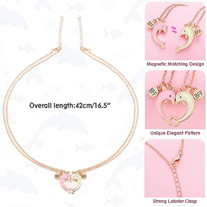rayihni قلادات أفضل صديق 2 قطعة، قلادة صداقة مغناطيسية متطابقة، سلسلة قلادة دولفين ذهبية للفتيات والنساء، هدايا مجوهرات صداقة للأطفال والأمهات والأصدقاء والأخوات - Image 4