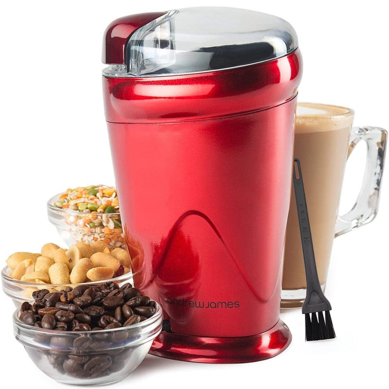Andrew James Electric Coffee Grinder Bean Nut  Spice Grinder Powerful Compact Grinder for Home Kitchen One Touch Operation 150w with 70g Basin Includes Cleaning Brush Red