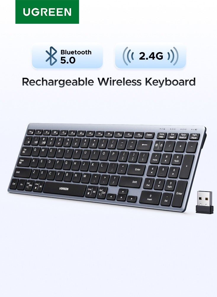Ugreen Slim Silent Wireless Keyboard, Bluetooth 5.4+2.4G Dual Mode, Rechargeable 99-Key Compact Keyboard, 7°-10° Adjustable Stand, for Office/Home/Travel/Study, 3 Device for Mac/iPad/Windows/Android black - Image 1