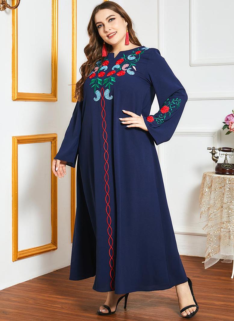 فرايديين نسائي نمط المشاهير طوق على شكل V اللون الصامد فضفاض فساتين حجم إضافي ازرق داكن - Image 4