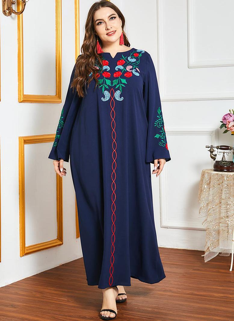 فرايديين نسائي نمط المشاهير طوق على شكل V اللون الصامد فضفاض فساتين حجم إضافي ازرق داكن - Image 5