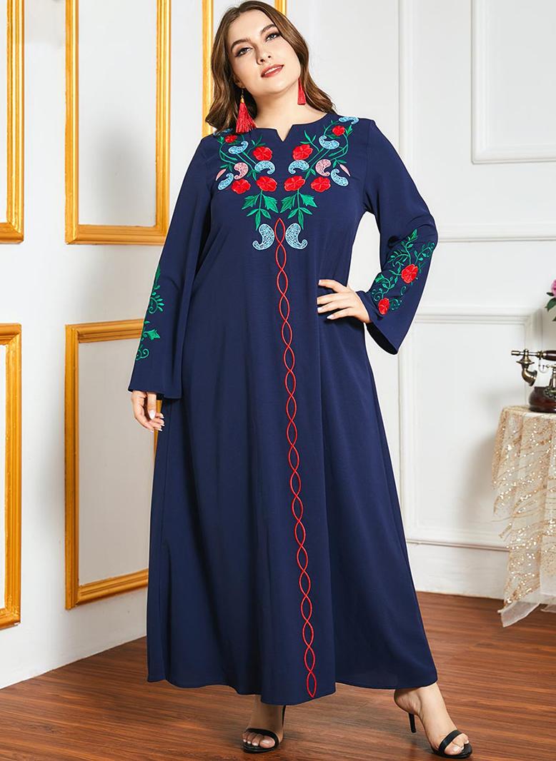 فرايديين نسائي نمط المشاهير طوق على شكل V اللون الصامد فضفاض فساتين حجم إضافي ازرق داكن - Image 1