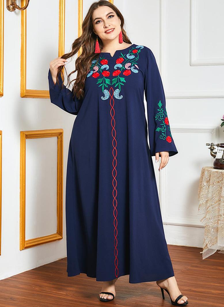 فرايديين نسائي نمط المشاهير طوق على شكل V اللون الصامد فضفاض فساتين حجم إضافي ازرق داكن - Image 3