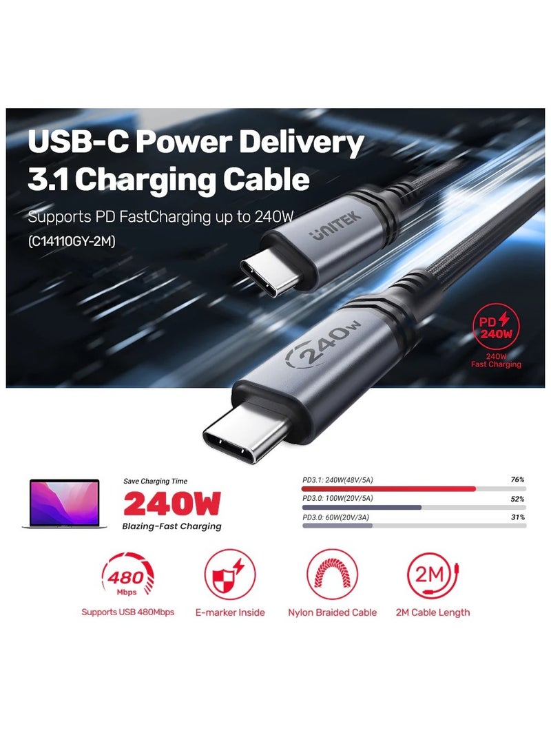 UNITEK USB Type-C 240W 48V 5A Power Delivery 3.1 Braided Charging Cable  - Image 4
