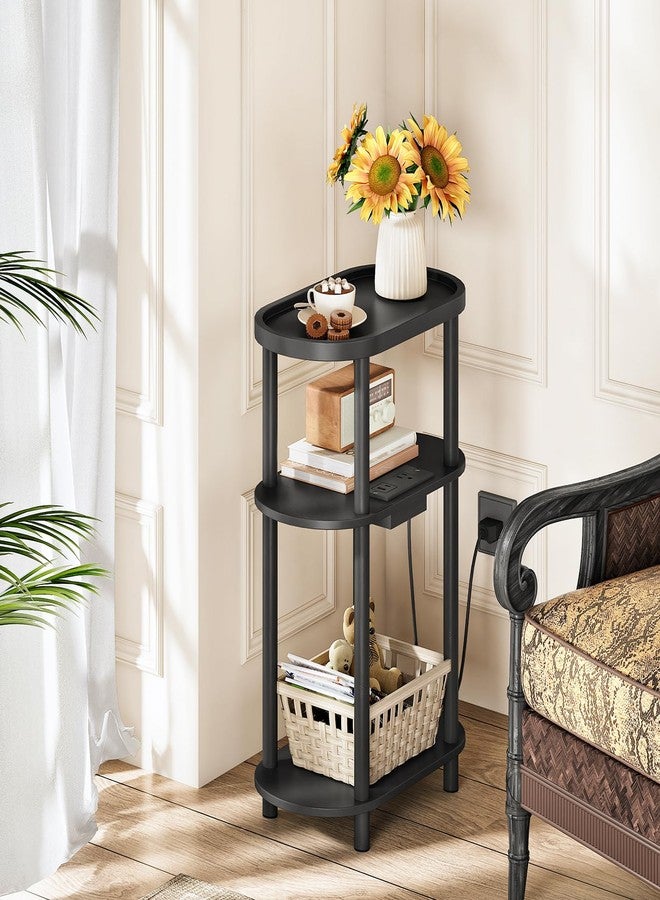HOOBRO طاولة جانبية صغيرة وضيقة من هوبرو مع قاعدة شحن، طاولة جانبية ضيقة من الخيزران بثلاثة أرفف، طاولة جانبية نحيفة للمساحات الصغيرة، طاولة جانبية بيضاوية رفيعة لغرفة المعيشة أو غرفة النوم أو الشقة، أسود BB178UBZ01 - Image 2