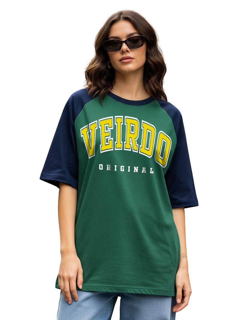 Veirdo® Pure Cotton Drop Shoulder Round Neck Oversized Baggy Fit Cool Typographic Half Sleeve T-Shirt for Women (GL_VD_ORGNL_Rgln_GRN117_L) - Image 1