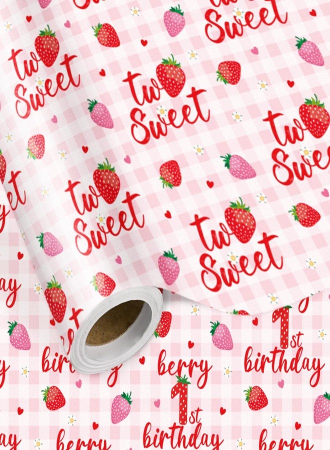 LeZakaa Berry 1st Birthday Wrapping Paper Roll, Strawberry & Pink Gingham Design Gift Wrap for Baby Girl First Birthday Party, Baby Shower Decorations, Age1 Newborn Welcome, Mini Roll 17 in x 16.4 Ft - Image 1