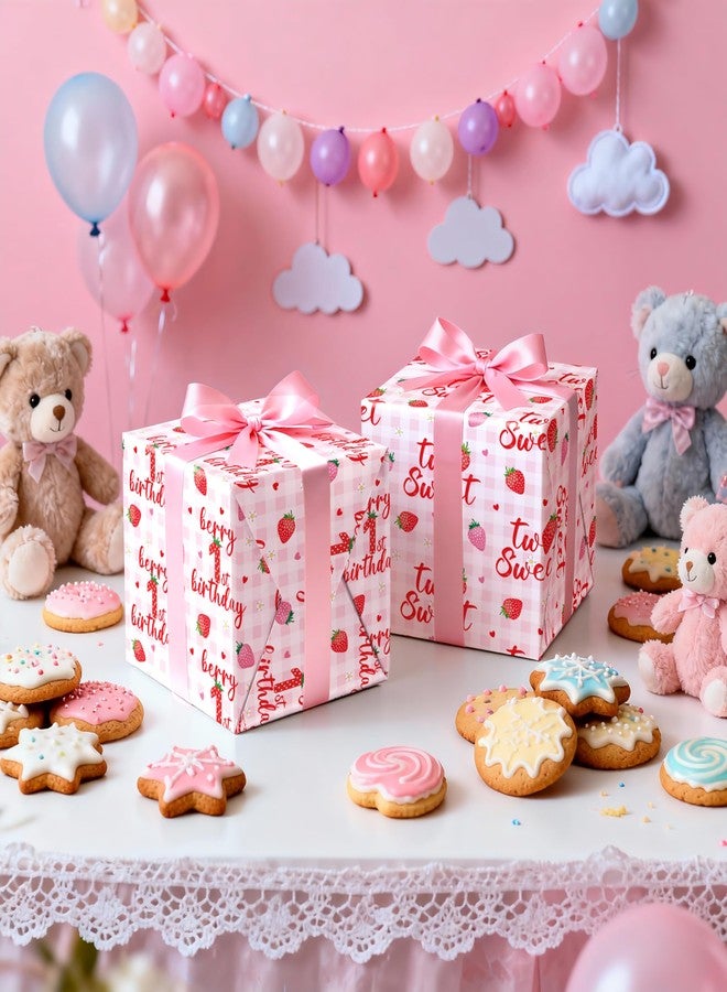 LeZakaa Berry 1st Birthday Wrapping Paper Roll, Strawberry & Pink Gingham Design Gift Wrap for Baby Girl First Birthday Party, Baby Shower Decorations, Age1 Newborn Welcome, Mini Roll 17 in x 16.4 Ft - Image 5