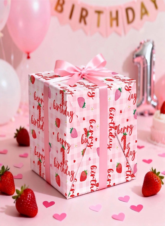 LeZakaa Berry 1st Birthday Wrapping Paper Roll, Strawberry & Pink Gingham Design Gift Wrap for Baby Girl First Birthday Party, Baby Shower Decorations, Age1 Newborn Welcome, Mini Roll 17 in x 16.4 Ft - Image 3