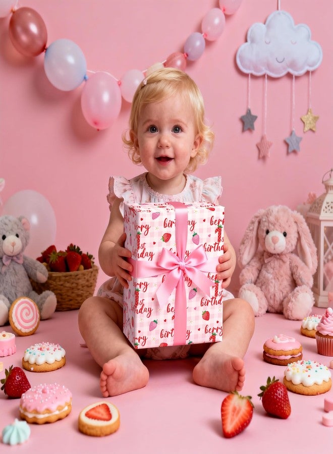 LeZakaa Berry 1st Birthday Wrapping Paper Roll, Strawberry & Pink Gingham Design Gift Wrap for Baby Girl First Birthday Party, Baby Shower Decorations, Age1 Newborn Welcome, Mini Roll 17 in x 16.4 Ft - Image 2
