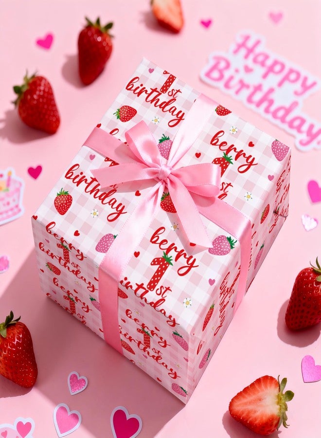 LeZakaa Berry 1st Birthday Wrapping Paper Roll, Strawberry & Pink Gingham Design Gift Wrap for Baby Girl First Birthday Party, Baby Shower Decorations, Age1 Newborn Welcome, Mini Roll 17 in x 16.4 Ft - Image 4