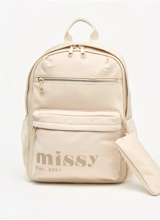 ميسي Women Missy Logo Print Backpack with Adjustable Straps and Pencil Pouch - 30x12x40 cm