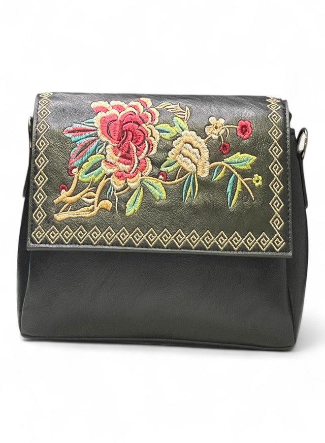 DAZZLE Sling Bag Embroidery Rose Flower Bags For Women (Black) - Image 1
