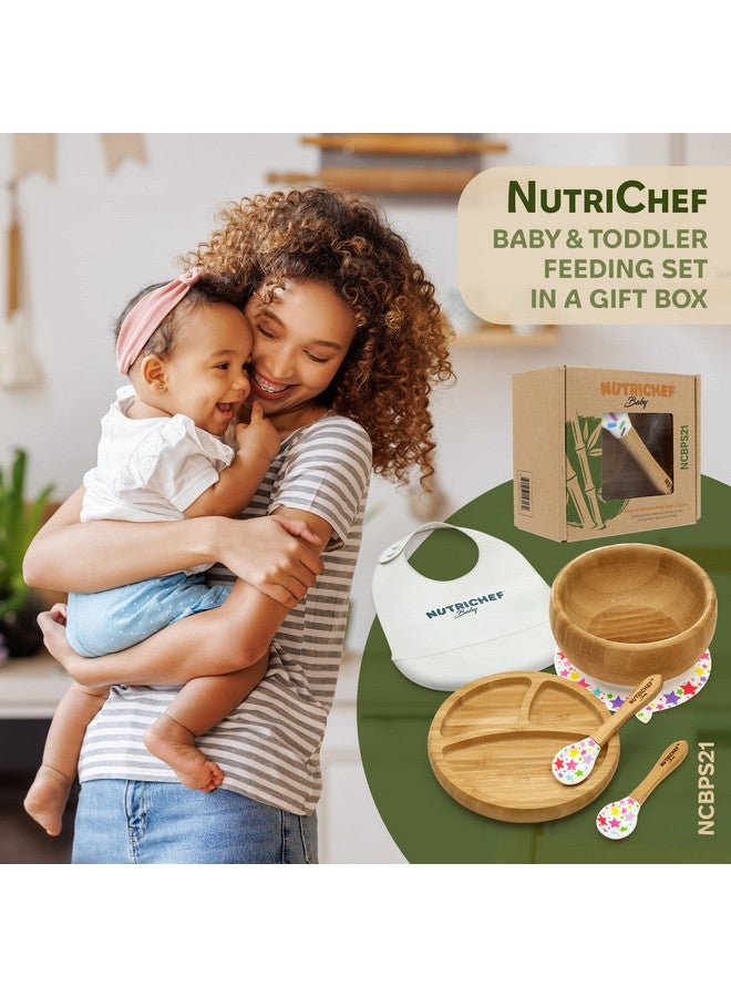 نيوتري شيف مجموعة طعام الأطفال من نوتريشيف، مكونة من طبق ووعاء وملعقة بثلاثة أقسام - شفط سيليكون، طبق طعام للأطفال غير سام من الخيزران الطبيعي بالكامل مع مريلة سيليكون - Image 1
