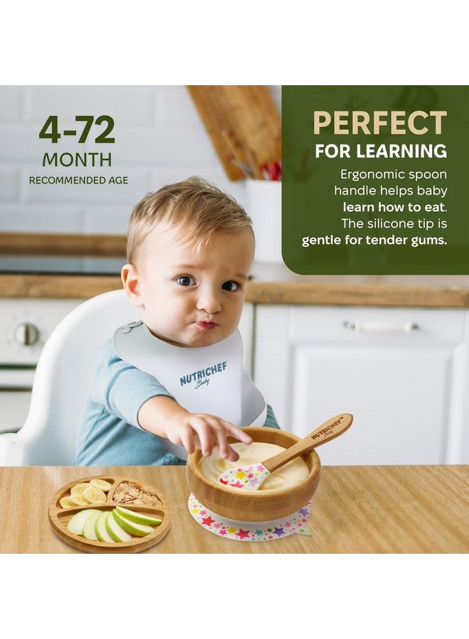 نيوتري شيف مجموعة طعام الأطفال من نوتريشيف، مكونة من طبق ووعاء وملعقة بثلاثة أقسام - شفط سيليكون، طبق طعام للأطفال غير سام من الخيزران الطبيعي بالكامل مع مريلة سيليكون - Image 3