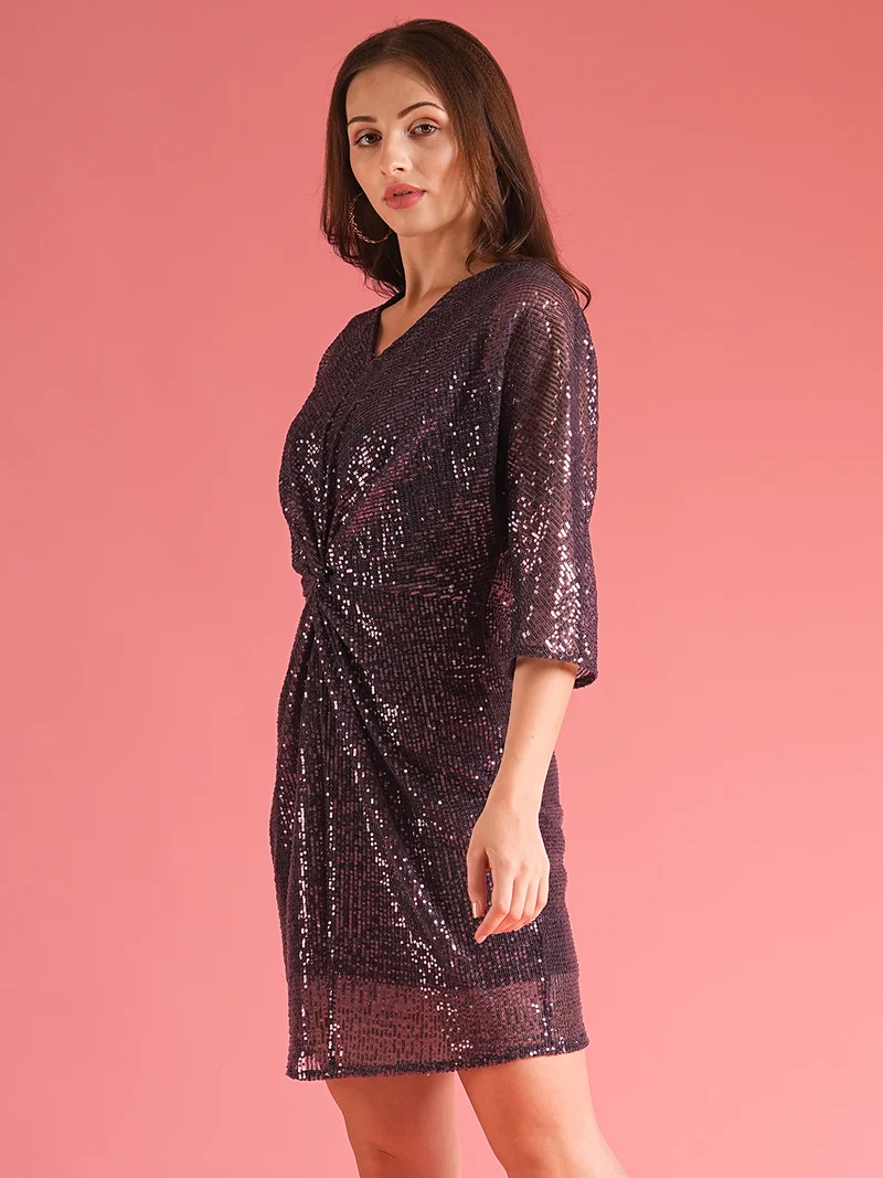 globus Globus Women V-Neck Extended Sleeves Twisted Detail Sequinned Mini Sheath Party Dress