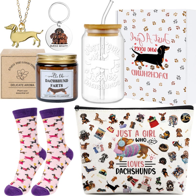 INCOK Dachshund Gifts Set for Women, 6 Pcs Funny Dachshund Presents with 16OZ Glass Cup Scented Candles Makeup Bag Sock Keychain and Necklace, Pet Dog Lovers Gift for New Puppy Owners - Image 1