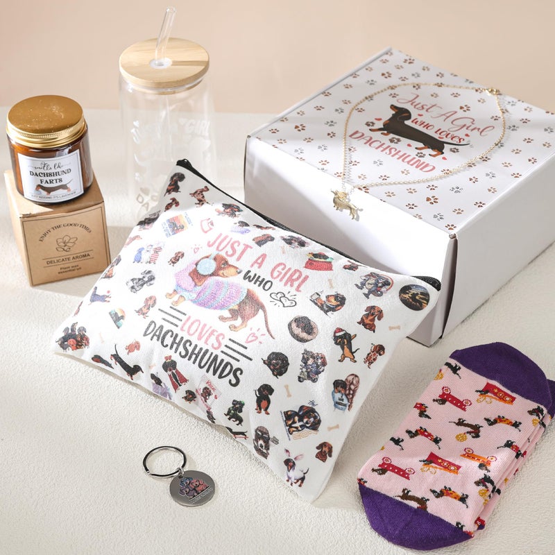 INCOK Dachshund Gifts Set for Women, 6 Pcs Funny Dachshund Presents with 16OZ Glass Cup Scented Candles Makeup Bag Sock Keychain and Necklace, Pet Dog Lovers Gift for New Puppy Owners - Image 3