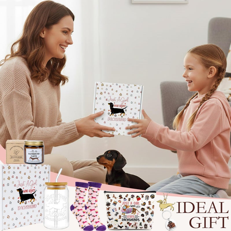 INCOK Dachshund Gifts Set for Women, 6 Pcs Funny Dachshund Presents with 16OZ Glass Cup Scented Candles Makeup Bag Sock Keychain and Necklace, Pet Dog Lovers Gift for New Puppy Owners - Image 2