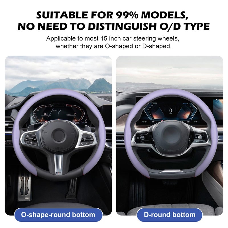 Frani Nappa Leather Steering Wheel Cover,Universal Fit 15 Inch-Premium Non-Slip Breathable Comfort Grip for Cars Trucks SUVs,Anti-Slip Durable Interior Upgrade Light Purple - Image 3