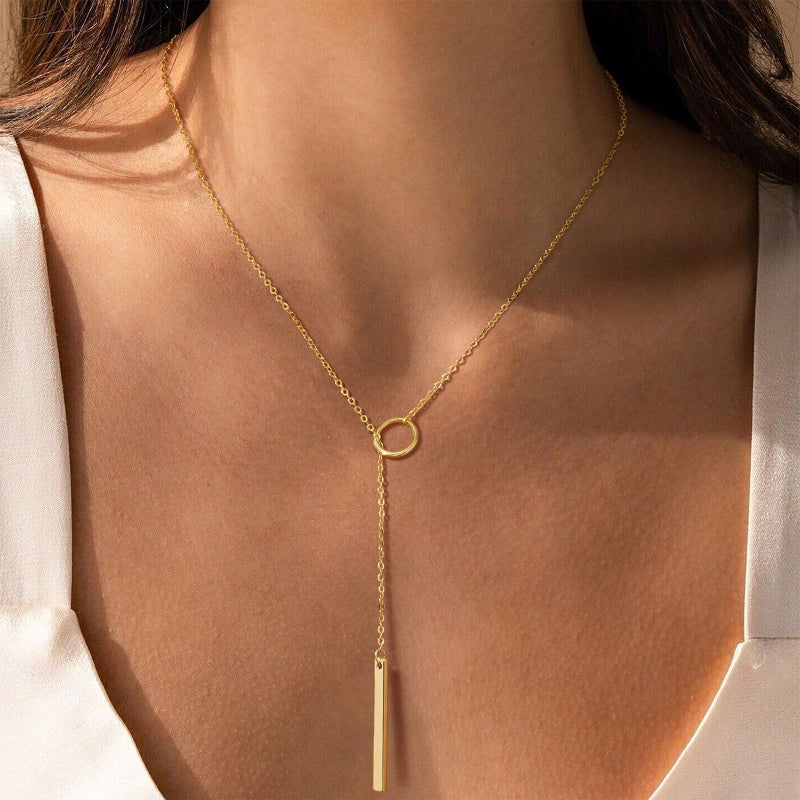 SWRNR Lariat Necklace for Women, Dainty 14K Gold/Silver Plated Long Necklaces for Women Trendy Simple Layered Y-Shaped Pendant Necklace Adjustable Fashion Jewelry Gift, Gold, Bar Pendant - Image 2